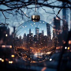 Canvas Print - A Christmas ornament with a city view inside. The city is lit up with lights, creating a warm and festive atmosphere