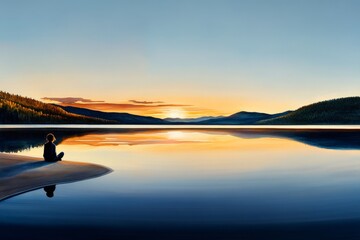 A soft watercolor painting of a person sitting by a calm lake at sunrise, the gentle colors representing the inner peace and fulfillment of eudaimonia