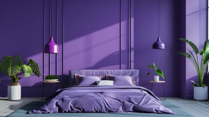 Purple bedroom with a bed, two bedside tables, and plants in pots