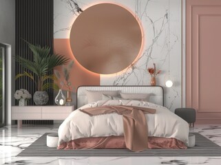 Modern bedroom interior with a white bed, pink and white walls, and a large round mirror