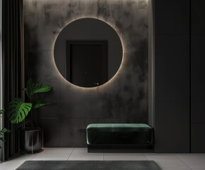 Modern and minimalist hallway interior with round illuminated mirror on a dark concrete wall, a stylish green velvet bench, and a potted plant, creating an elegant and inviting entrance