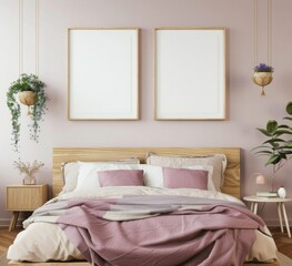 Mockup of two empty frames above a bed in a stylish bedroom with pink and beige tones, featuring plants and wooden furniture