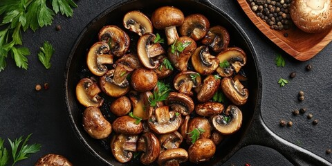 Aerial shot of mushrooms being cooked with aromatic seasonings.