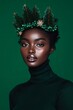 © World of AI - black model with Christmas tree modern headpiece , dark green turtleneck, solid dark green background, glamour shot
