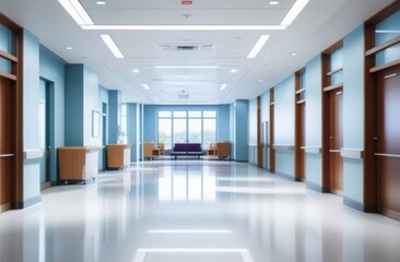 The corridor of a clean, sterile hospital without people. Interior design of a medical institution.