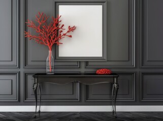 elegant black interior with a stylish console table, blank frame mockup and coral branches in a vase