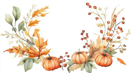 Poster - Artistic watercolor of a fall wreath made of leaves, berries, and small pumpkins.