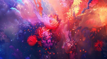 Canvas Print - Atmospheric image of amusement park fireworks, bursting in vibrant colors against a darkened white background