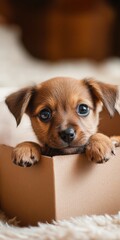 Wall Mural - A cute puppy peeks out of a cardboard box. Its big, expressive eyes draw you in. This image captures the playful nature of pets. Ideal for animal lovers and pet-related content. AI