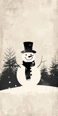 Poster - A snowman wearing a scarf and hat stands in front of a forest. Concept of winter wonderland and the joy of the season