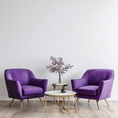 Two stylish purple armchairs and a coffee table create an elegant seating area in a minimalist living room. The white wall and light wood floor provide a clean backdrop