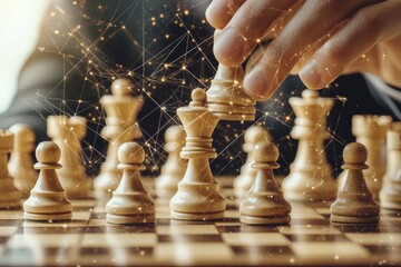 Poster - Business Strategy Planning, Chess Figures On Board, Double Exposure Networking Innovation Concept