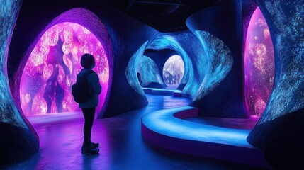 Leinwandbilder - A lone figure stands in a futuristic and colorful space.