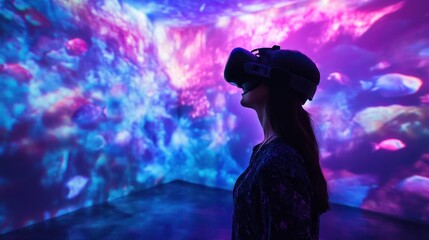 Leinwandbilder - A Woman Experiencing Virtual Reality with a Purple and Blue Background