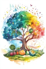 Sticker - A colorful tree with a variety of fruits and vegetables surrounding it