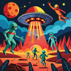 science fiction illustration with futuristic cityscape, alien marketplace, robot uprising, artificia