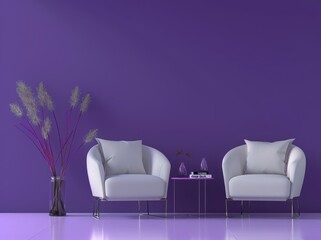 Two modern white armchairs with a small table stand against a vibrant purple wall. A sleek vase with decorative branches adds a touch of elegance. This minimalist interior design exudes a sense