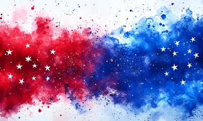 Wall Mural - watercolor splashes in red and blue colors with stars. usa national holiday concept background.