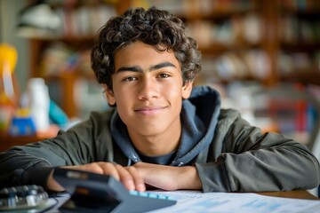 close-up portrait of a young man sitting at home with a calculator, carefully tracking his finance expenses.