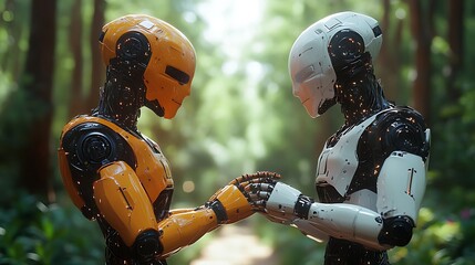 two humanoid robots with glowing circuitry stand in a green forest holding hands.