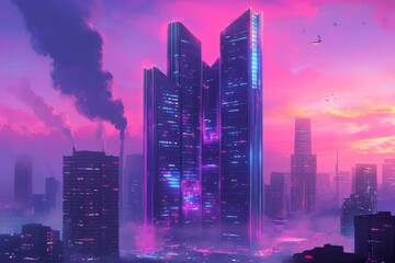 Poster - Futuristic skyscraper in a synthwave style, set in a scene with ample room for text.