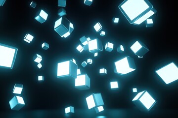Wall Mural - abstract patterns glowing cubes floating in a dark 3d space
