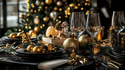 new year's eve dinner table with ai decor. stock photo