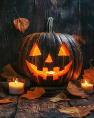 Wall Mural - Glowing pumpkin lantern with carved face and candles on wooden background for creative use