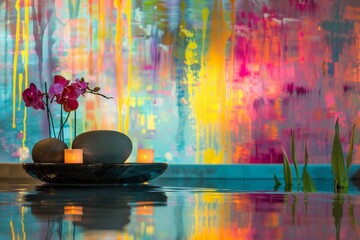 Sticker - Relaxation spa scene featuring a bold and vivid abstract backdrop.