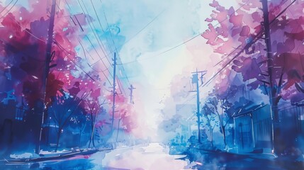 Poster - A painting of a city street with a blue sky and pink trees. The mood of the painting is serene and peaceful