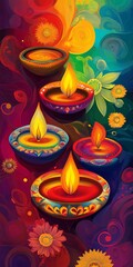 Sticker - A colorful painting of candles in bowls with a flowery background. The candles are lit and the bowls are arranged in a row