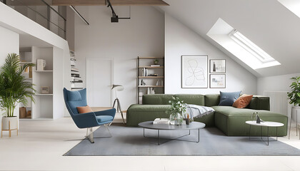 Modern and cozy design of the attic, match furniture with plants