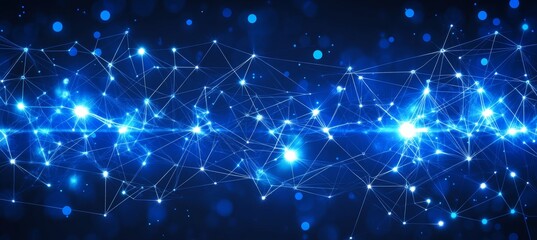 Poster - Abstract Blue Technology Background with Connecting Lines, Triangles, Dots, and Bokeh Effects,