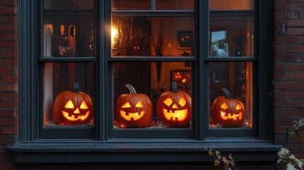 Poster - Creative Halloween window decor featuring illuminated carved pumpkins