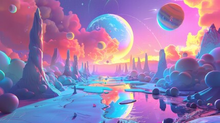 Canvas Print - A colorful space scene with a large planet in the background and a river in the foreground. The sky is filled with clouds and the colors are vibrant