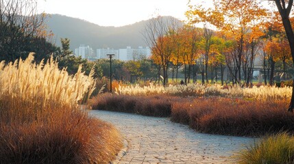 Wall Mural - A Stone Path Through an Autumnal Park with Tall Grass and Buildings in the Distance