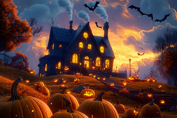 This creepy cartoon mansion has glowing pumpkins and bats.