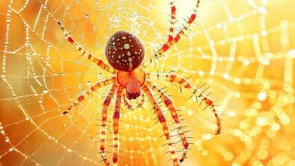 A spider is sitting in the center of a web. The web is orange and the spider is red