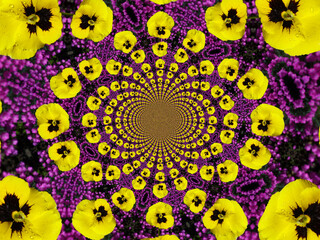 Poster - Yellow flowers Garden pansy with water drops on pink floral background - abstract computer graphics with effect of space and infinity. Topics: beauty of nature, spring, summer, card, season, weather