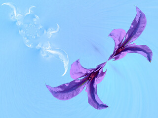 Poster - Violet flowers Clematis on blue sky background - floral abstract computer graphics with effect of space. Topics: gift, card, occasion, blooming, illustration, vegetation, beauty of nature, nature