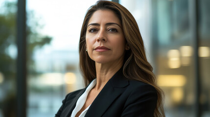 A woman in a business suit stands in front of a window