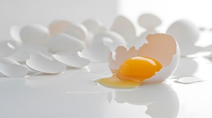 Cracked egg with yolk spilling out surrounded by empty eggshells, symbolizing food safety recall on clean white surface