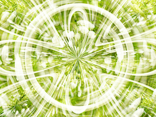 Poster - Floral abstract background with green and white colors and flowers of Lily of the valley with waves and water effects - computer graphics. Topics: beauty of nature, card, wallpaper, pattern, blooming