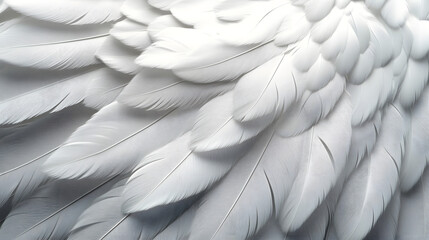 closeup, white and feathers background for peace, calm and spirituality for god, religion and hope. 