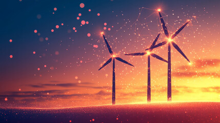 Three glowing wind turbines stand in a field. They are made of simple shapes, like triangles, lines, and dots. This illustration shows how wind energy can be a clean and sustainable source of power.