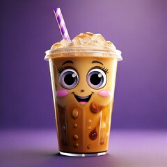 Sticker - Cute Cartoon Lavender Ice Coffee Character with Big Eyes on a Purple Background 