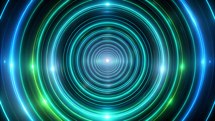 Wall Mural - dynamic circles background with glowing lines in neon blue and green, creating an illusion of rotati