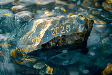 Canvas Print - A detailed view of a single rock submerged in rippling water, showcasing 2025 texture and colors of the rock against the liquid backdrop