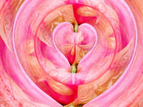 Pink abstract background with heart of flower Lamprocapnos Spectabilis, Bleeding heart - computer graphics with movement effect. Topics: beauty of nature, blooming, spring, wallpaper, love