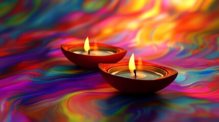 Two lit candles in red bowls on a colorful background. Scene is warm and inviting